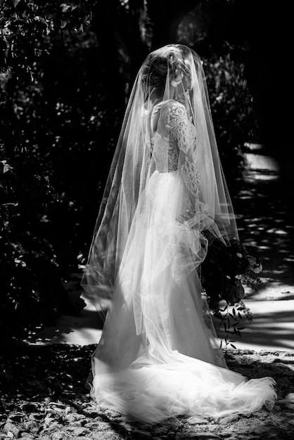 Novia en vestido de novia blanco posando en el interior