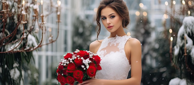 Novia en vestido de novia blanco con ramo de novia rojo