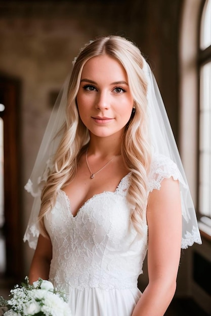 Una novia con un vestido de novia blanco