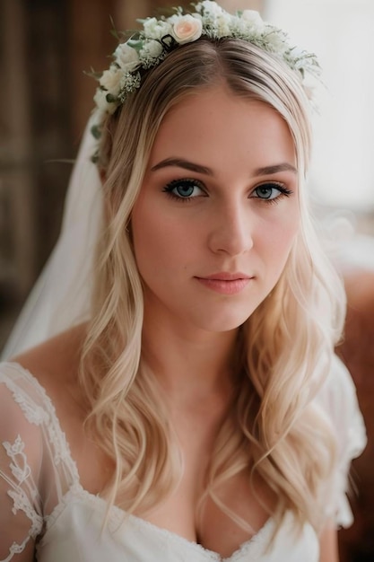 Una novia con un vestido de novia con una corona de flores.