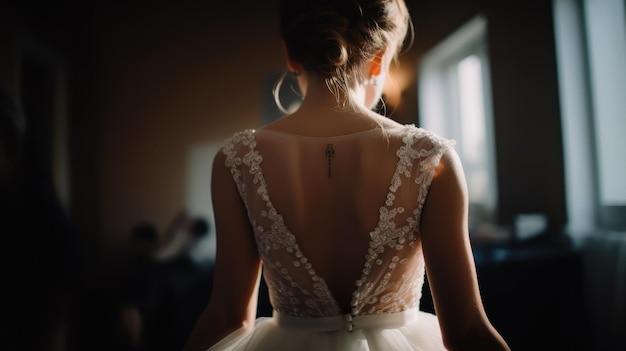 Una novia con un vestido de novia mira por la ventana.