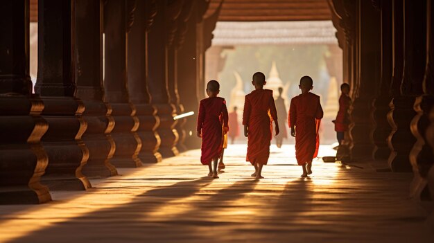 Foto novices caminham pelo wat phra that luang lao pdr