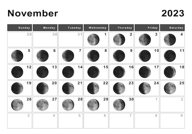 Foto noviembre 2023 calendario lunar, ciclos lunares, fases lunares