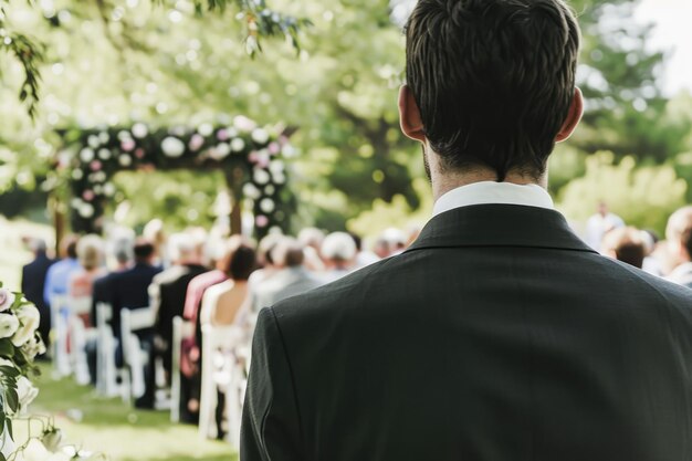 El novio desde atrás observando mientras la novia lo espera en el altar