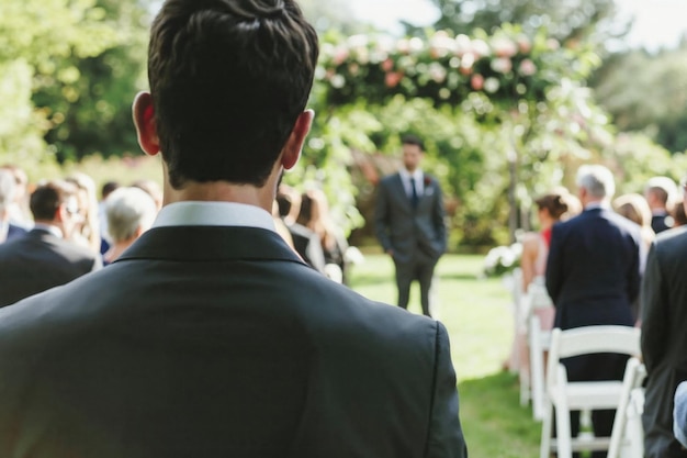 El novio desde atrás observando mientras la novia lo espera en el altar