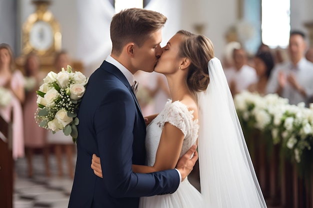 El novio besa a la novia en la iglesia delante de los invitados 1