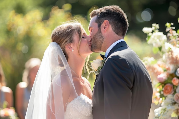 Foto el novio besa a su novia en su boda después de la ceremonia el día de la boda