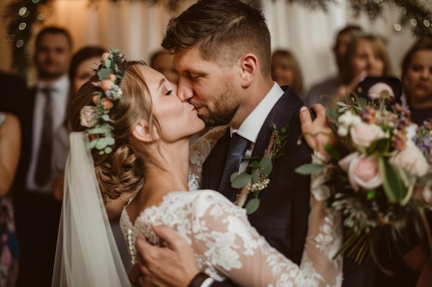 El novio besa a su novia en su boda después de la ceremonia el día de la boda