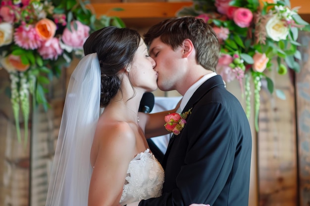 Foto el novio besa a su novia en su boda después de la ceremonia el día de la boda