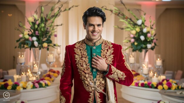 El novio de camisa verde toca su sherwani rojo