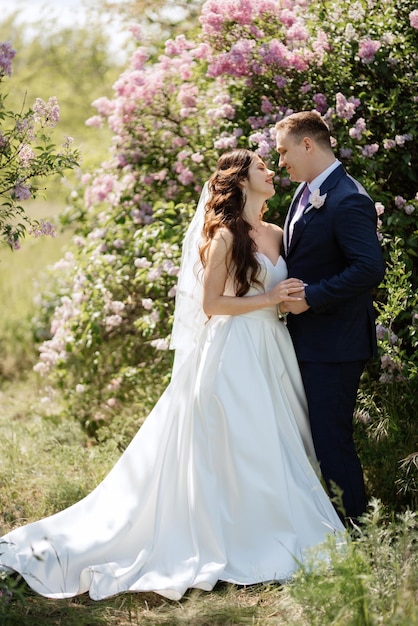 El novio y la novia caminan por el bosque.