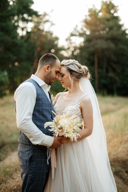 El novio y la novia caminan por el bosque.