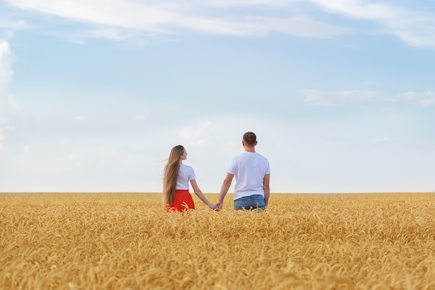 Novio y novia cogidos de la mano sobre fondo de trigo dorado y cielo azul