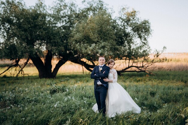 El novio y la novia están caminando en el bosque cerca de un río estrecho en un día brillante