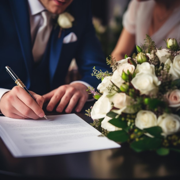 El novio y la novia firman su contrato de boda