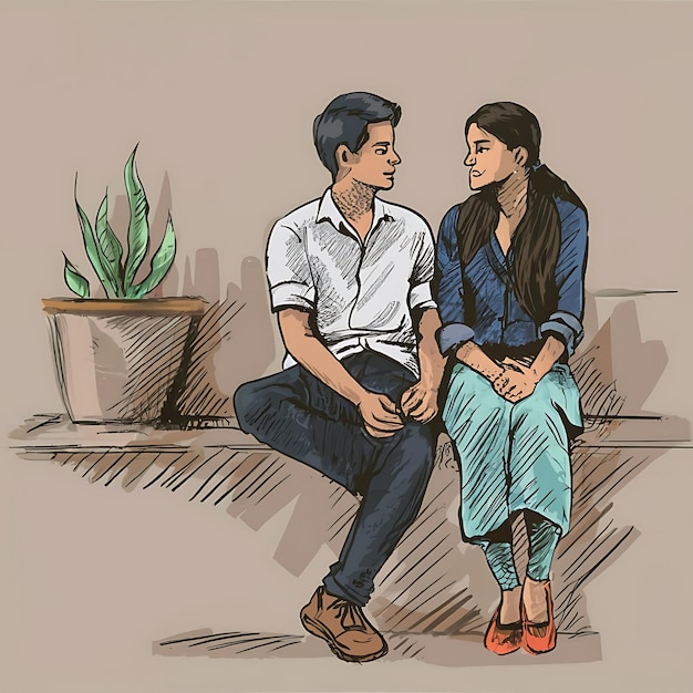 El novio y la novia hablando juntos dibujo arte ilustración cultura bengalí