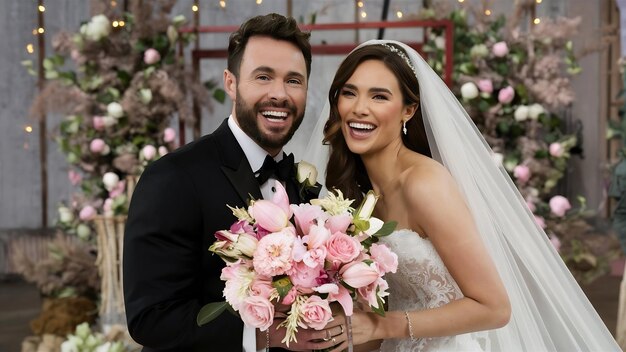 El novio y la novia juntos están sosteniendo el ramo rosa de la boda