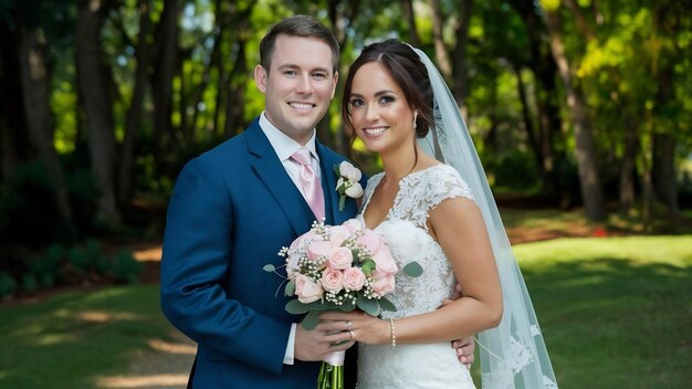 El novio y la novia juntos están sosteniendo el ramo rosa de la boda