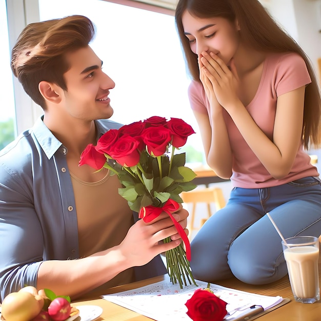 Foto el novio propone a su novia con una flor de rosa.