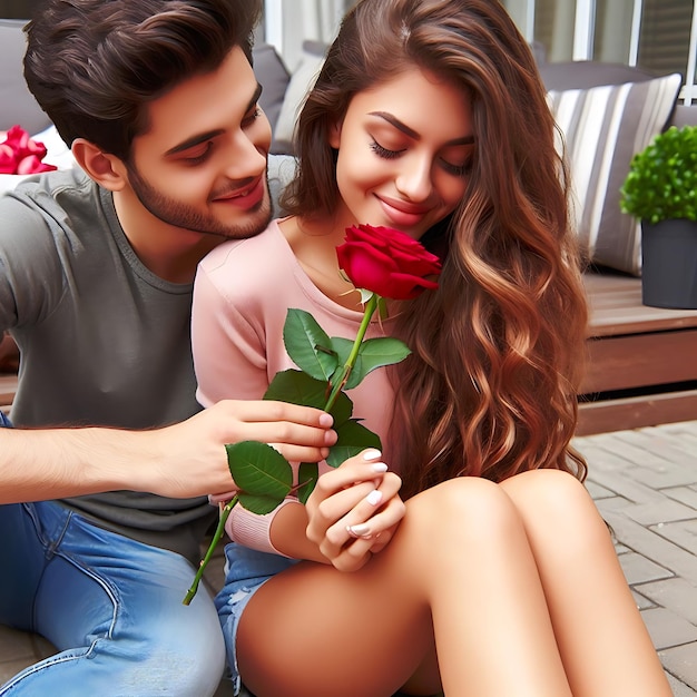 Foto el novio propone a su novia con una flor de rosa.