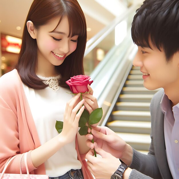 Foto el novio propone a su novia con una flor de rosa.