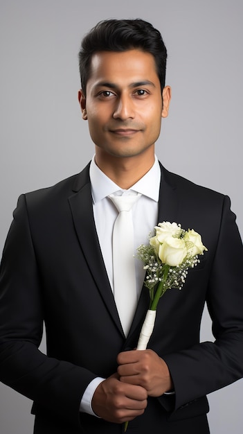 Foto un novio está sosteniendo un bokeh de flores dando poses para su sesión de bodas ia generativa