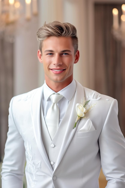 Novio con traje blanco para una boda