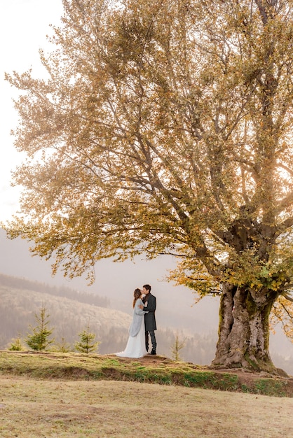 Novios abrazándose en las montañas