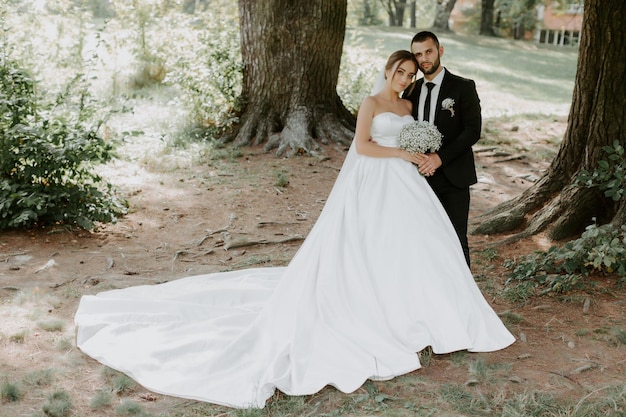 Novios en bosque de pinos