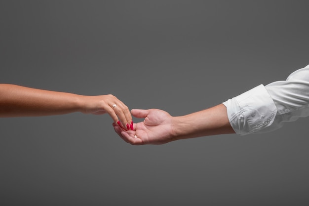 Foto novios cogidos de la mano. la novia y el novio sobre fondo gris