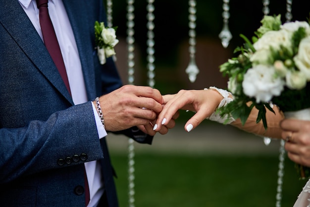 Novios irreconocibles intercambian anillos en la boda