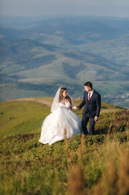 Novios en las montañas. Novios de pie en la colina