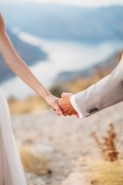 Los novios se paran en el monte lovcen con vistas a la bahía de kotor y se dan la mano