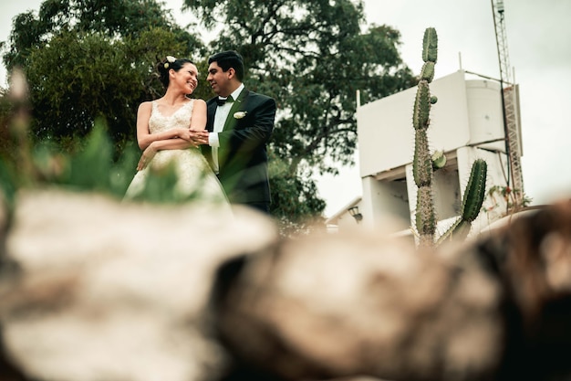 Novios recién casados en paisaje verde en las montañas