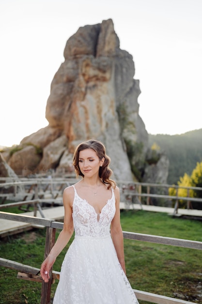 Novios románticos enamorados paseos en las montañas y el bosque