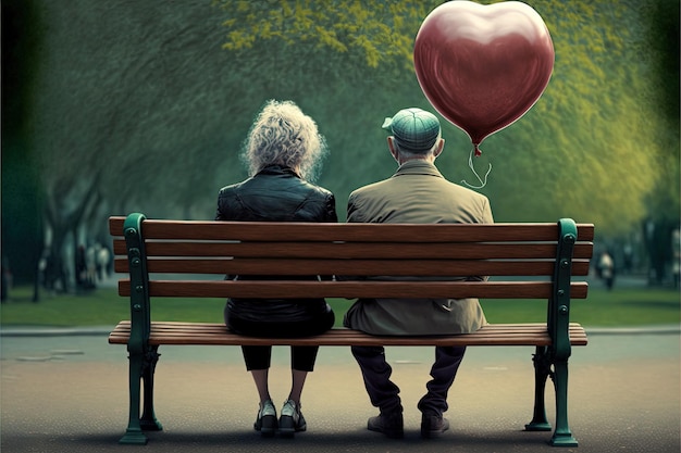 Novios sentados en un banco del parque con un globo en forma de corazón, parque al fondo, Genetaive AI