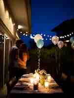 Foto novios en la terraza de un restaurante por la noche