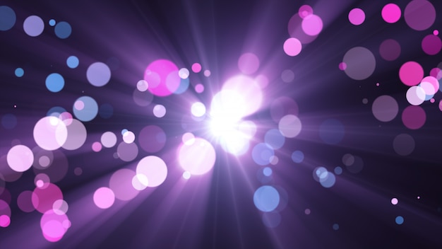 Foto novo ano 2020. fundo de bokeh. resumo de luzes. cenário de feliz natal. luz de brilho. partículas desfocadas. cores violetas e rosa. raios no centro