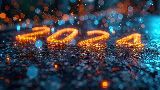Foto novo ano 2024 com fundo com luzes bokeh e gotas de chuva