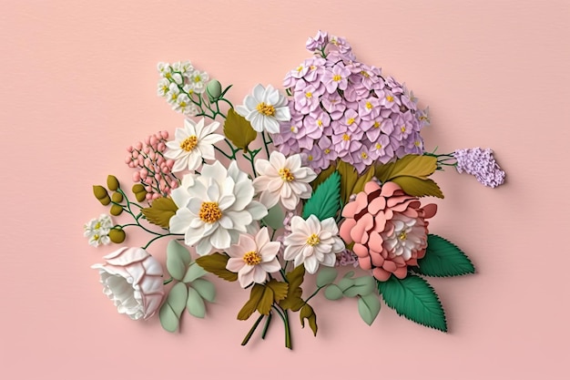Novo buquê de primavera com flores delicadas em fundo rosa pastel criado com ai generativa