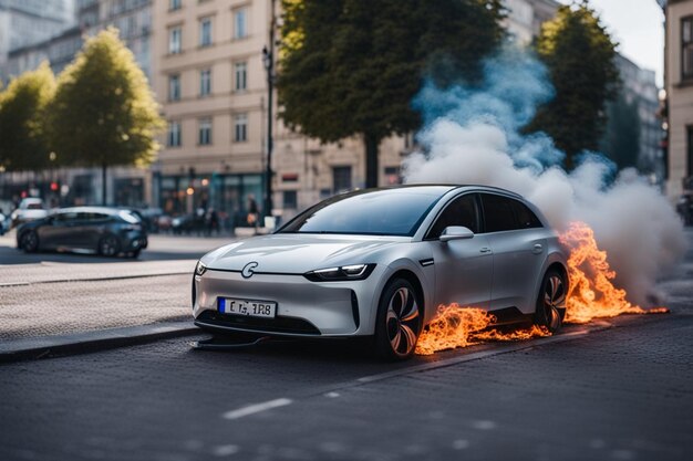 novo carro elétrico suv queimando em chamas enquanto as baterias explodiam ilustração