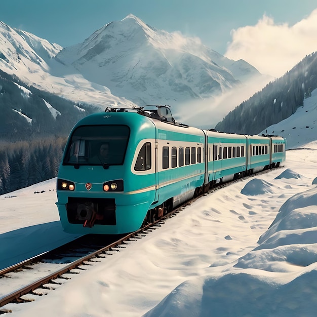 novo comboio turquesa na neve e nas montanhas gerado pela IA
