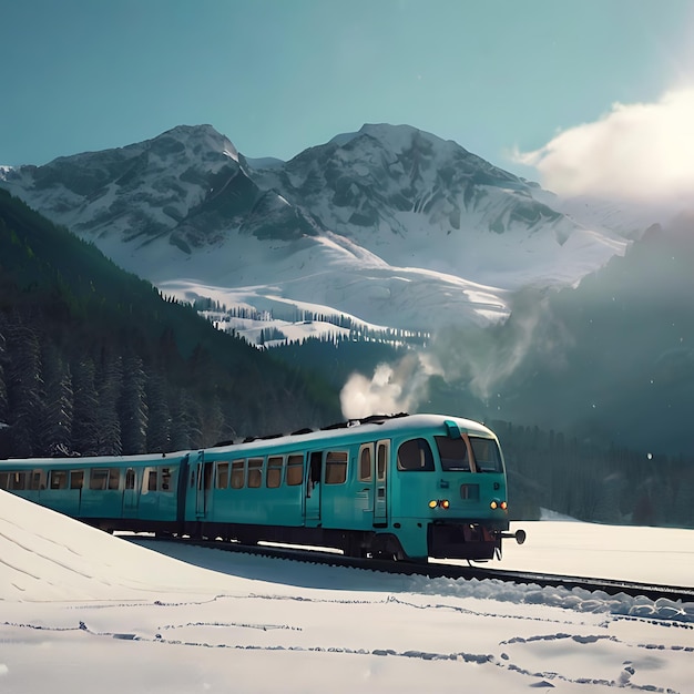 Foto novo comboio turquesa na neve e nas montanhas gerado pela ia