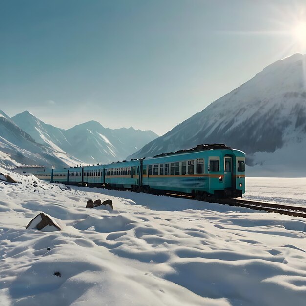 Foto novo comboio turquesa na neve e nas montanhas gerado pela ia