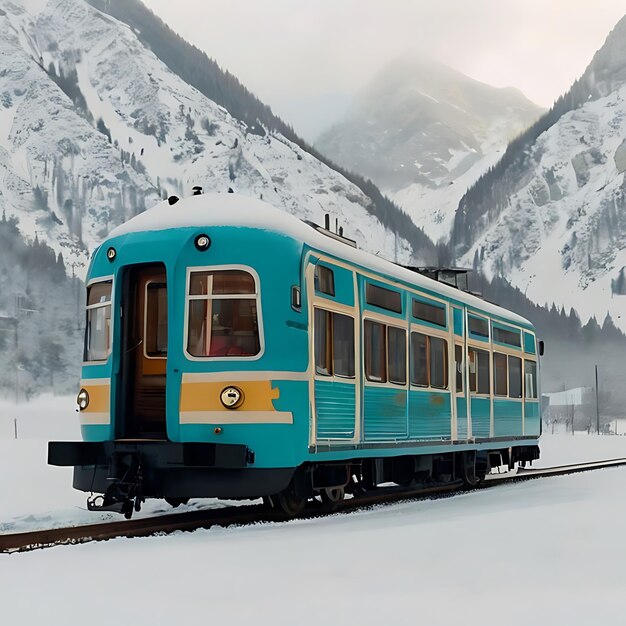 Foto novo comboio turquesa na neve e nas montanhas gerado pela ia