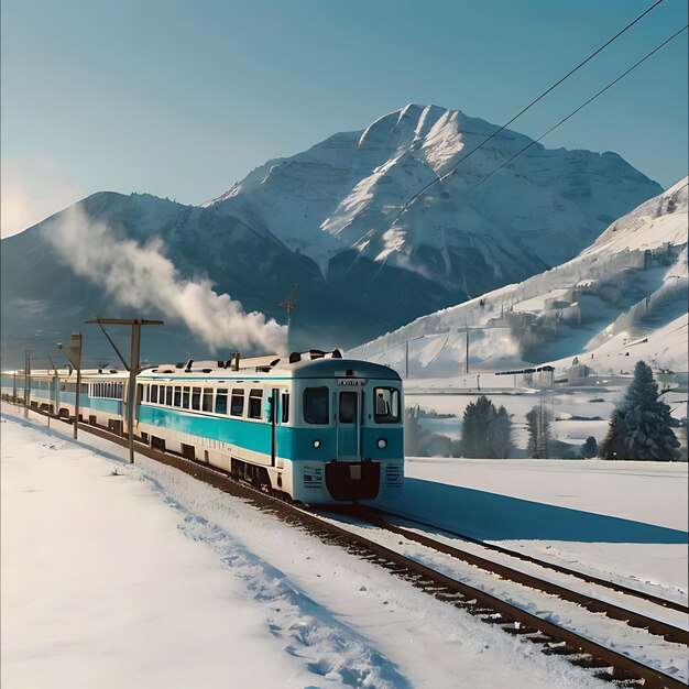 Foto novo comboio turquesa na neve e nas montanhas gerado pela ia