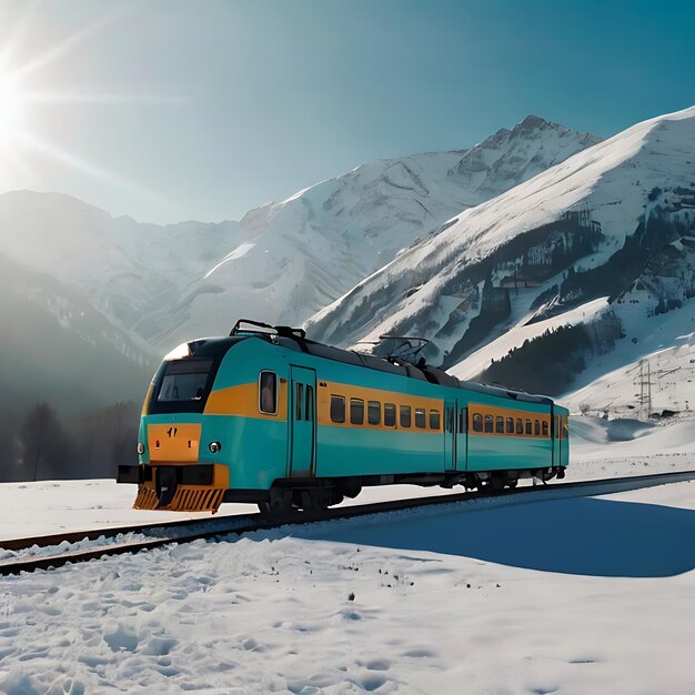 Foto novo comboio turquesa na neve e nas montanhas gerado pela ia