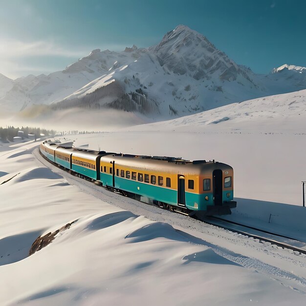 Foto novo comboio turquesa na neve e nas montanhas gerado pela ia