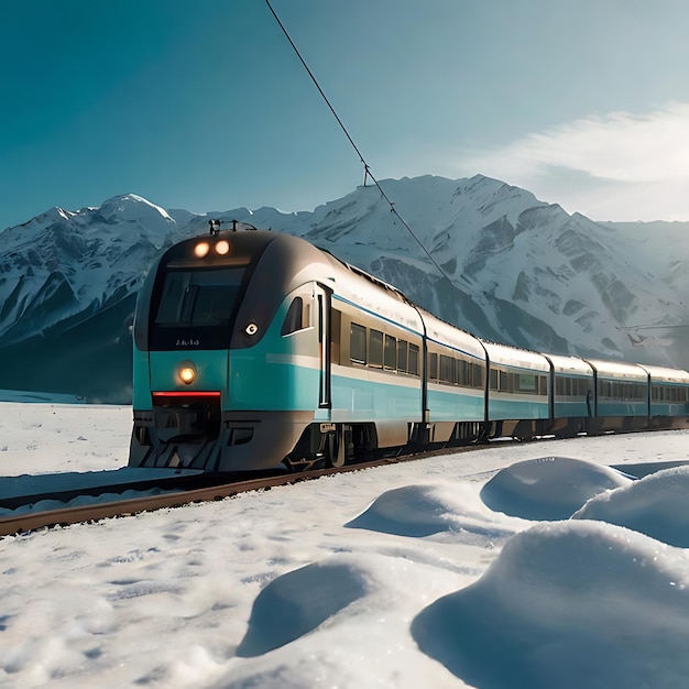 Foto novo comboio turquesa na neve e nas montanhas gerado pela ia