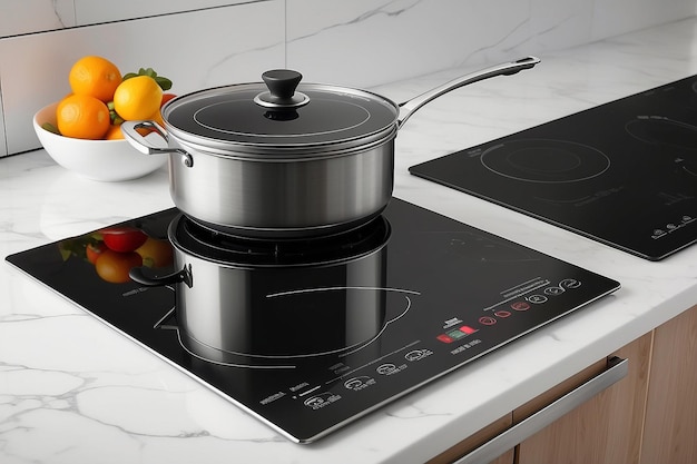 Foto novo fogão elétrico com fogão de indução na cozinha em close-up